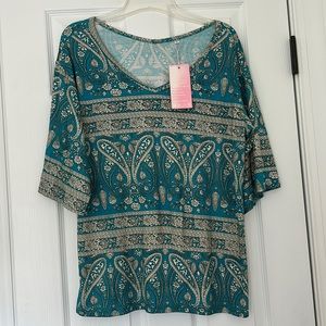 🩵SUEANI Turquoise Floral Printed Scoop V T-Shirt🩵